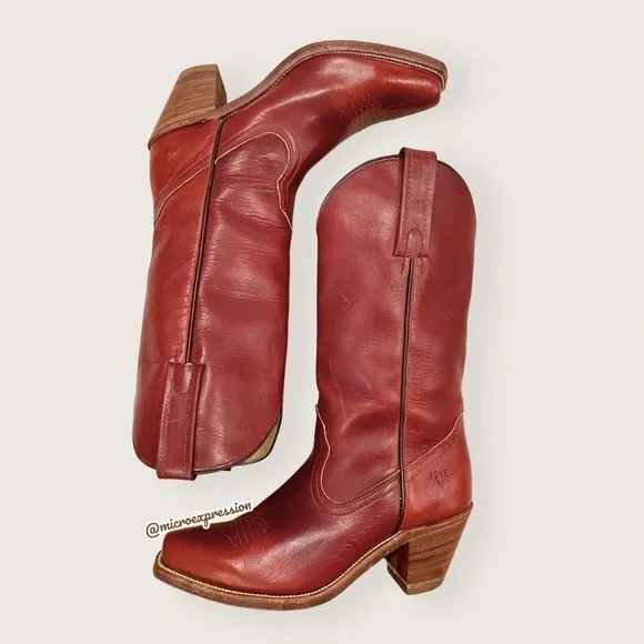 1990’s Frye Vintage Leather Pull On Cognac Red Low Heel Embroidered Cowboy Boot - Picture 13 of 13